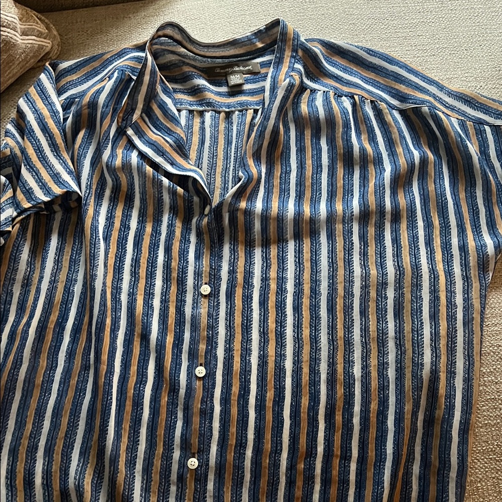 Tommy Bahama Women’s Blue and Tan Striped Casual Shirt Sheer Size Medium